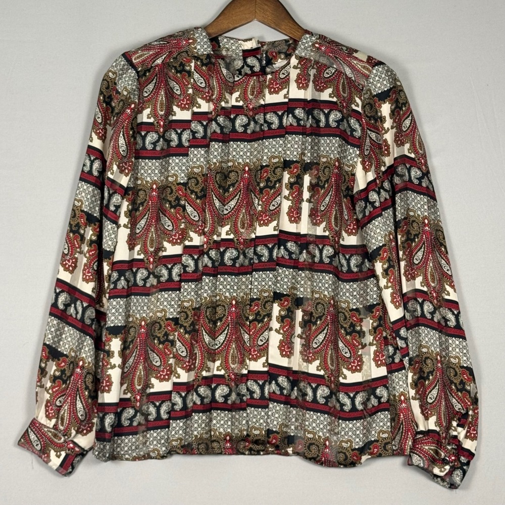 Nicola Paisley Blouse Women 8 Red Black Vintage 80s 90s Pleated Button Back Top
